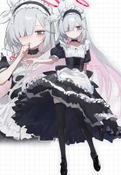 1girl :o absurdres alternate_costume amenatsu artist_name black_choker black_eyes black_thighhighs blue_archive braid choker corset expressionless flat_chest full_body grid_background hair_ornament halo highres long_hair maid plana_(blue_archive) red_halo red_pupils ribbon single_braid solo straight_hair thighhighs white_background white_hair white_ribbon wind wind_lift