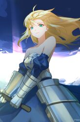 1girl absurdres ahoge armor armored_dress ars_almadel_salomonis_(fate) artoria_pendragon_(fate) bare_shoulders blonde_hair blue_dress breastplate closed_mouth cloud commentary day detached_sleeves dress english_commentary excalibur_(fate/stay_night) fate/grand_order fate/stay_night fate_(series) faulds frown gauntlets glowing glowing_sword glowing_weapon green_eyes hair_down highres holding holding_sword holding_weapon juliet_sleeves li_kha long_dress long_hair long_sleeves looking_at_viewer puffy_sleeves saber_(fate) solo strapless strapless_dress sword type-moon weapon wind
