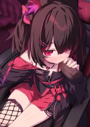 Rule 34 | 1boy, 1girl, absurdres, animal ear fluff, animal ears, black hair, blurry, blurry background, blush, bow, cat ears, censored, commission, disembodied penis, dress, eyes visible through hair, fellatio, fishnet thighhighs, fishnets, hair ornament, hair over one eye, hairclip, heart, heart necklace, highres, indie virtual youtuber, jewelry, medium hair, mosaic censoring, multicolored hair, nasuuni, necklace, off shoulder, oral, penis, pink bow, pink hair, short dress, single thighhigh, sitting, skeb commission, streaked hair, swivel chair, thighhighs, two side up, virtual youtuber, zipper, zipper dress, zipper pull tab