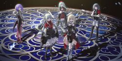 5girls absurdres amoris_(bang_dream!) aqua_eyes ave_mujica_(bang_dream!) bang_dream! bang_dream!_it&#039;s_mygo!!!!! bare_shoulders beret black_gloves black_hair black_shoes blonde_hair blue_hair boots brown_eyes chinese_commentary clothing_cutout collared_shirt commentary_request crossed_legs doloris_(bang_dream!) fr-ee-dom from_above gloves green_hair grey_pants grey_socks half_gloves hand_on_own_chest hand_on_own_hip hand_to_own_mouth hat high_heels highres kneehighs long_hair long_sleeves looking_at_viewer looking_back misumi_uika mortis_(bang_dream!) mortis_(costume)_(bang_dream!) multiple_girls oblivionis_(bang_dream!) pants parted_lips pink_thighhighs puffy_short_sleeves puffy_sleeves purple_eyes purple_hair red_eyes red_hat red_shirt red_shoes red_shorts shadow shirt shoes short_sleeves shorts shoulder_cutout skirt_hold socks standing thigh_boots thighhighs timoris_(bang_dream!) togawa_sakiko two_side_up wakaba_mutsumi yahata_umiri yellow_eyes yuutenji_nyamu