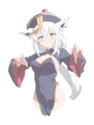 1girl alternate_costume animal_ear_fluff animal_ears blue_eyes braid breasts cleavage daimyojin_t fox_ears fox_girl hat highres hololive jiangshi long_hair ofuda ofuda_on_head outstretched_arms qingdai_guanmao shirakami_fubuki side_braid single_braid talisman virtual_youtuber white_hair zombie_pose