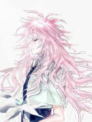Rule 34 | 1boy, alternate costume, black necktie, black pants, chinese commentary, closed mouth, collared shirt, colored eyelashes, commentary request, eyelashes, flower, from side, hatsutori hajime, jintian ye xiang chi gong bao jiding, long hair, male focus, messy hair, necktie, pants, pink hair, procreate (medium), red eyes, saibou shinkyoku, shirt, short sleeves, simple background, solo, upper body, very long hair, white background, white flower, white shirt