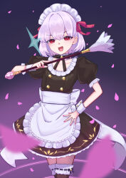 1girl :d absurdres apron black_dress black_thighhighs commentary_request cowboy_shot dress duster fate/grand_order fate/grand_order_arcade fate_(series) feather_duster highres holding holding_duster kama_(fate) kama_(mistake)_(fate) kama_(mistake)_(second_ascension)_(fate) looking_at_viewer maid maid_headdress misoy_3 official_alternate_costume open_mouth pink_nails pink_petals puffy_short_sleeves puffy_sleeves purple_hair red_eyes short_hair short_sleeves smile standing thighhighs waist_apron white_apron