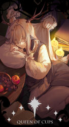 Rule 34 | 2girls, absurdres, alina (arknights), animal ears, antlers, apple, arknights, blanket, book, candle, card (medium), commentary, covering with blanket, crossed arms, deer antlers, deer ears, deer girl, deer tail, english commentary, food, fruit, grapes, highres, holding, holding blanket, horns, kotatsu kaya, layered sleeves, leaning on table, light particles, long hair, lying, minor arcana (tarot), multiple girls, puffy sleeves, sleeping, solo focus, table, tail, talulah (arknights), talulah the fighter (arknights), tarot, white hair