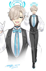 1boy 2025 absurdres asuna_(blue_archive) black_pants black_shoes blue_archive blue_eyes blue_halo collared_shirt commentary dated formal_clothes full_body genderswap genderswap_(ftm) gloves grey_hair hair_over_one_eye halo highres jacket long_sleeves looking_at_viewer male_focus meltykiss0316 one_eye_covered open_mouth pants shirt shoes short_hair signature smile suit twitter_username walking waving white_gloves white_shirt zoom_layer