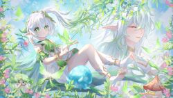 2girls absurdres aqinorz aranara_(genshin_impact) dress genshin_impact gradient_hair green_eyes green_hair hair_ornament highres leaf_hair_ornament looking_at_viewer multicolored_hair multiple_girls nahida_(genshin_impact) pointy_ears rukkhadevata_(genshin_impact) side_ponytail sidelocks star-shaped_pupils star_(symbol) symbol-shaped_pupils white_hair