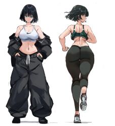 1girl alternate_costume ass baggy_pants black_hair black_jacket black_leggings black_sports_bra commentary expressionless fubuki_(one-punch_man) full_body green_eyes hands_in_pockets head_tilt highres jacket leggings looking_at_viewer multiple_views navel nike_(company) off_shoulder one-punch_man pants rakeemspoon running simple_background sketch sports_bra tank_top white_background white_tank_top
