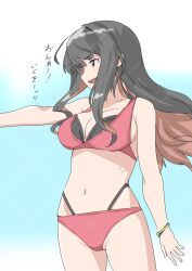 1girl 30-06 bikini black_hair blue_background breasts brown_eyes cleavage colored_inner_hair fang highres kantai_collection large_breasts layered_bikini multi-strapped_bikini_bottom multicolored_hair naganami_(kancolle) pink_hair red_bikini smile solo standing swimsuit translation_request watermark watermark_grid