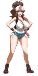 1girl baseball_cap between_breasts black_boots black_vest blue_eyes boots breasts cleavage full_body hat hilda_(pokemon) huge_breasts long_hair matsumaruyama nintendo open_mouth pokemon pokemon_bw ponytail short_shorts shorts simple_background smile solo standing tank_top undersized_clothes vest white_background white_tank_top wide_hips wristband