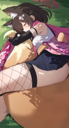 1girl absurdres animal_ear_fluff animal_ears ass black_gloves black_skirt blue_archive blush brown_hair closed_eyes cropped_shirt d_(delt4) elbow_gloves fishnet_thighhighs fishnets fox_ears fox_girl fox_tail gloves grass halo highres hugging_own_tail hugging_tail izuna_(blue_archive) lying miniskirt neckerchief on_ground on_side pink_neckerchief pink_scarf scarf school_uniform serafuku shirt short_hair single_thighhigh skirt sleeveless sleeveless_shirt solo tail thighhighs white_shirt