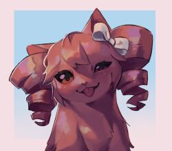 animal_ears animalization blush bow cat cat_ears drill_hair hair_bow half-closed_eye head_tilt highres kasane_teto kasane_teto_(sv) looking_at_viewer meme photo-referenced red_fur rigby_the_cat_(meme) sheepsheep6639 solo synthesizer_v tongue tongue_out twin_drills upper_body vat white_bow