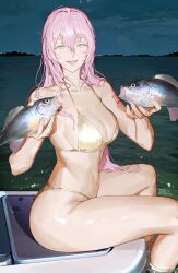 1girl animal arm_tattoo bare_shoulders bikini blue_eyes breasts cleavage collarbone commentary fingernails fish gold_bikini hair_between_eyes heavenmole highres holding holding_animal holding_fish large_breasts long_hair looking_at_viewer megurine_luka navel night number_tattoo open_mouth outdoors partially_submerged pink_hair pink_nails project_sekai sitting smile solo stomach swimsuit tattoo thighs vocaloid water