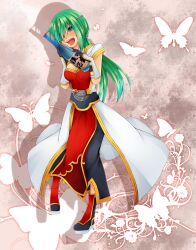 Rule 34 | 1girl, black boots, black gloves, black pants, blue eyes, blush, boots, bottle, breasts, brown background, bug, butterfly, champion (ragnarok online), cleavage, coat, commentary request, eyepatch, full body, gloves, gold trim, green hair, highres, holding, holding bottle, insect, long hair, medium breasts, meiko (nattu303), open mouth, pants, ragnarok online, red tabard, sake bottle, shin guards, sleeveless, sleeveless coat, smile, solo, standing, tabard, two-tone gloves, white coat, white gloves