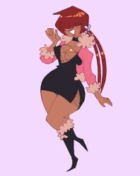 Rule 34 | 1girl, 1shermieaday, boots, breasts, cleavage, cleavage cutout, clothing cutout, curvy, dark-skinned female, dark skin, dress, earrings, female focus, fishnets, fluffy, heart, huge breasts, jacket, jewelry, large breasts, leg up, long hair, no bra, ponytail, red hair, shermie (kof), shoes, skirt, smile, smiley face, standing, standing on one leg, tan, the king of fighters, thick thighs, thighs, twintails, wide hips
