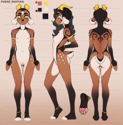 1girl absurdres animal_ears artist_name ass black_hair commentary completely_nude earrings english_commentary furry furry_female gluteal_fold goat_ears goat_girl goat_tail highres horizontal_pupils horns jewelry kody_(pudgeruffian) long_hair multiple_views nude original pudgeruffian pussy reference_sheet uncensored yellow_eyes