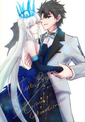 1boy 1girl black_hair blue_eyes crown dress fate/grand_order fate_(series) formal_clothes fujimaru_ritsuka_(male) hair_between_eyes highres long_hair looking_at_viewer morgan_le_fay_(fate) ringozuki short_hair simple_background smile suit very_long_hair white_hair