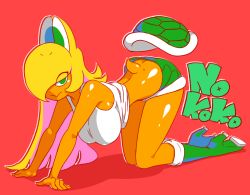 1girl ass blonde_hair boots breasts butt_crack downpants green_eyes hanging_breasts hidden_eyes highres holding huge_breasts koopa koopa_troopa large_breasts mario_(series) mario_tennis minuspal navel nintendo no_bra open_mouth personification ponytail racket shorts smile solo spread_legs super_mario_bros._1 tank_top