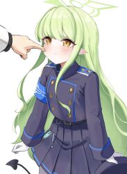 Rule 34 | 1girl, 1other, :i, absurdres, armband, black skirt, blue archive, blue armband, blush, buttons, cheek poking, closed mouth, commentary, cowboy shot, demon tail, double-breasted, frown, gloves, green hair, green halo, halo, hat, highres, hikari (blue archive), holding, holding unworn clothes, holding unworn hat, long hair, long sleeves, looking afar, looking ahead, mmmmrotio, pointy ears, poking, pout, simple background, skirt, solo focus, tail, unworn hat, unworn headwear, v-shaped eyebrows, whistle, white background, white gloves, yellow eyes