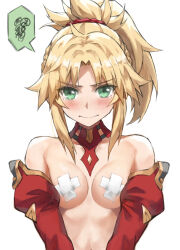 1girl blonde_hair braid breasts detached_collar detached_sleeves fate/apocrypha fate/grand_order fate_(series) green_eyes half_up_braid highres long_hair looking_at_viewer mordred_(fate) mordred_(fate/apocrypha) navel parted_bangs pasties ponytail pout sidelocks small_breasts solo spoken_squiggle squiggle tonee topless_female