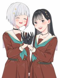 2girls :d animification aqua_neckerchief black_choker black_gloves black_hair blunt_bangs blush bob_cut brown_dress choker collarbone colored_inner_hair commentary_request cowboy_shot dress flower_hands flower_hands_duo flower_stand_art gloves grey_hair hair_behind_ear hair_ornament half_gloves hasu_no_sora_school_uniform highres inverted_bob link!_like!_love_live! lips long_hair long_sleeves looking_at_viewer love_live! multicolored_hair multiple_girls neckerchief o-ring o-ring_choker open_mouth parted_hair pleated_dress real_life red_hair red_lips sailor_collar sailor_dress sasaki_kotoko school_uniform short_hair simple_background smile star_(symbol) star_hair_ornament streaked_hair teeth upper_teeth_only virtual_youtuber voice_actor white_(waterwhite) white_background white_sailor_collar winter_uniform yugiri_tsuzuri