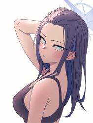 1girl absurdres anygatsby aqua_eyes arm_behind_head back blue_archive blue_hair blue_halo blush breasts cleavage halo highres long_hair looking_at_viewer medium_breasts midriff multicolored_hair parted_lips saori_(blue_archive) simple_background streaked_hair teeth two-tone_hair white_background