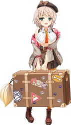 1girl bag bare_shoulders belt blush bob_cut boots breasts brown_boots brown_hat brown_ribbon full_body green_eyes grey_hair half-closed_eyes hat holding holding_bag jacket large_breasts long_sleeves looking_to_the_side maeda_matazaemon_wanko_toshie mtu_(orewamuzituda) necktie open_clothes open_jacket open_mouth orange_necktie ribbon sengoku_koihime short_hair simple_background skirt solo standing transparent_background