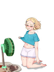 Rule 34 | 1girl, adapted costume, blonde hair, blush, bra strap, braid, clothes lift, crown braid, electric fan, green eyes, hair ornament, hairclip, highres, kneeling, medium hair, nintendo, open mouth, pointy ears, princess zelda, shirt lift, shorts, smile, solo, sweat, the legend of zelda, the legend of zelda: tears of the kingdom, wasabi (legemd), zonai device