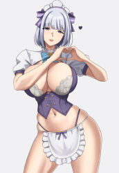 Rule 34 | 1girl, alternate costume, apron, breasts, cleavage, collared dress, cyka, dress, frilled apron, frills, girls&#039; frontline, grey hair, groin tendon, heart, highres, large breasts, looking at viewer, maid, maid apron, maid headdress, navel, open mouth, panties, puffy short sleeves, puffy sleeves, purple eyes, rpk-16 (girls&#039; frontline), short hair, short sleeves, simple background, smile, solo, underwear, white apron, white background, white hair