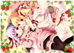 2girls :d :o absurdres animal_ears aogiri_sei bare_shoulders bat_wings black_bloomers black_thighhighs blonde_hair bloomers bow character_name fake_animal_ears fake_tail fang flandre_scarlet food fruit hair_bow highres holding holding_food holding_fruit long_hair looking_at_viewer lying multiple_girls off-shoulder_sweater off_shoulder open_mouth pillow pink_bloomers pink_sweater purple_hair red_bow red_eyes red_ribbon remilia_scarlet ribbon ribbon-trimmed_sweater ribbon-trimmed_thighhighs ribbon_trim siblings sisters skin_fang smile strawberry sweater tail thighhighs third-party_source touhou underwear white_sweater white_thighhighs wings zettai_ryouiki