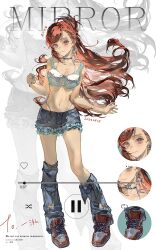 1girl absurdres asymmetrical_bangs barbed_wire belt black_choker blue_belt blue_leg_warmers blue_shorts bra breasts chinese_commentary choker cleavage close-up closed_mouth commentary commission commissioner_name dated denim denim_shorts ear_piercing earrings english_commentary eyebrow_piercing eyelashes face_piercing floating_hair frilled_shorts frills full_body highleg highleg_panties highres hoop_earrings jewelry knees leg_belt leg_warmers long_hair looking_at_viewer microskirt multiple_belts multiple_rings nail_polish navel original panties piercing pink_eyes pink_nails red_hair red_shoes ring sample_watermark shoes shorts signature single_earring skirt smile sneakers solo standing stomach sudong_tangyuan swept_bangs underwear very_long_hair watermark white_bra y2k_fashion zoom_layer