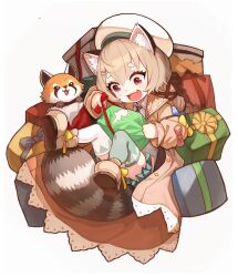 Rule 34 | 1girl, animal ear fluff, animal ears, aqua skirt, asymmetrical legwear, beret, blue bow, blush, bow, bow coat, braided twintails, brown coat, brown hair, brown shoes, coat, collared shirt, deformed, excited, fang, footwear bow, gift, grey thighhighs, hair ornament, hairclip, hat, highres, komachi panko, legs up, long coat, long hair, long sleeves, miniskirt, open clothes, open coat, open mouth, parallel hairclips, phase connect, pleated skirt, raccoon, raccoon ears, raccoon girl, raccoon tail, raised eyebrows, red bow, red eyes, red ribbon, ribbon, shirt, shoes, simple background, sitting, skin fang, skirt, sleeve bow, smile, solo, tail, teonanix, thighhighs, twintails, unbuttoned, virtual youtuber, white background, white hat, white shirt, white thighhighs, wide-eyed, wide sleeves, yellow bow, zettai ryouiki