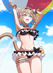 Rule 34 | 1girl, animal ears, armpits, ball, beachball, bikini, bikini skirt, black bikini, blue eyes, blue sky, brown hair, cat ears, cat girl, cat tail, cloud, day, green eyes, hashtag-only commentary, heterochromia, holding, holding ball, holding beachball, honkai (series), honkai impact 3rd, nabeiro kin, official alternate costume, open mouth, outdoors, pardofelis, pardofelis (midsummer collector), short hair with long locks, sky, solo, swimsuit, tail, thigh strap, thighs