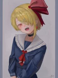 1girl alternate_costume alternate_hairstyle black_choker blonde_hair blue_shirt choker earrings fangs grey_background hair_ornament highres jewelry long_sleeves looking_at_viewer neckerchief one_eye_covered open_mouth red_eyes red_neckerchief red_ribbon ribbon ropu_1 rumia school_uniform serafuku shirt short_hair simple_background smile solo touhou upper_body