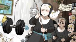 4girls ^_^ animal animal_on_shoulder bag barbell beret bird bird_on_shoulder blonde_hair blue_eyes brown_eyes brown_hair catfish closed_eyes clumsy_nun_(diva) commentary diva_(hyxpk) duck duckling dumbbell envelope fish fishing_rod froggy_nun_(diva) habit hat highres little_nuns_(diva) multiple_girls nun paint_splatter paint_splatter_on_face painting_(object) red_hat shaded_face slice_of_life smile spicy_nun_(diva) star_nun_(diva) star_ornament traditional_nun weights yellow_eyes
