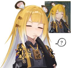 1girl ? absurdres black_jacket blonde_hair brown_hair chinese_commentary closed_eyes closed_mouth collared_shirt commentary_request derivative_work game_screenshot_inset grey_shirt highres jacket ju_fufu multiple_views screenshot_redraw shirt simple_background sleeves_past_wrists speech_bubble spoken_question_mark upper_body weimiaw white_background white_hair zenless_zone_zero