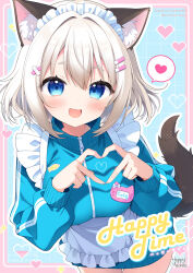 1girl :d animal_ear_fluff animal_ears aoi_yun apron blue_background blue_eyes blue_jacket blush breasts brown_hair cat_ears cat_girl cat_tail fang frilled_apron frills grid_background hair_between_eyes hair_intakes hair_ornament hairclip heart heart_hands highres jacket jersey_maid looking_at_viewer maid medium_breasts open_mouth original pixelated smile solo spoken_heart tail thick_eyebrows track_jacket unconventional_maid white_apron x_hair_ornament