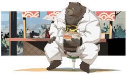1boy animal_ears bara barefoot bear_boy bear_ears belly ben_bigger black_tank_top bowl brown_fur chopsticks commentary english_commentary fat food furry furry_male hand_on_lap holding holding_bowl jacket looking_to_the_side male_focus noodles on_stool pants plump ramen riisago scar scar_across_eye scar_on_face sitting tank_top white_jacket white_pants zenless_zone_zero