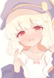 1girl absurdres aoba_(blue_archive) bare_shoulders black_hat black_jacket blue_archive blush bow_camisole cabbie_hat camisole grey_hair hair_ornament hairclip hat highres jacket ks_aya_(gztm4838) loli nose_blush open_clothes open_jacket open_mouth red_eyes simple_background solo sweatdrop tears white_background white_camisole