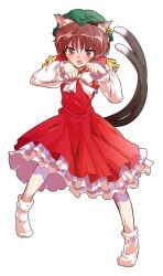 1girl alphes_(style) animal_ear_piercing animal_ears blush bobby_socks bow bowtie brown_eyes brown_hair cat_ears cat_girl cat_tail chen commentary_request dairi earrings fang frills full_body gold_trim green_hat hair_between_eyes hands_up hat jewelry large_variant_set long_sleeves mob_cap multiple_tails nail_polish nekomata no_shoes open_mouth parody petticoat pigeon-toed puffy_long_sleeves puffy_sleeves red_nails red_skirt red_vest short_hair single_earring skirt skirt_set socks solo style_parody tachi-e tail tail_raised teeth touhou transparent_background two_tails upper_teeth_only variant_set vest white_bow white_bowtie white_petticoat