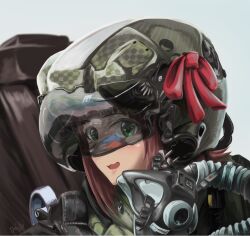 1girl amami_haruka brown_hair commentary_request flight_suit green_eyes helmet idolmaster idolmaster_(classic) looking_at_viewer military omichi_(gutteli) open_mouth oxygen_mask pilot pilot_helmet portrait red_ribbon ribbon short_hair signature solo wavy_mouth