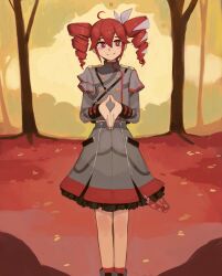 1girl absurdres ahoge belt black_belt black_shoes black_sleeve_cuffs bow bright_pupils buttons closed_eyes commentary double-breasted double-parted_bangs drill_hair english_commentary feet_out_of_frame forest grey_jacket grey_skirt hair_between_eyes hair_bow hair_ribbon highres jacket kart_prowler kasane_teto kasane_teto_(sv) layered_skirt layered_sleeves long_sleeves looking_at_viewer musical_staff nature outdoors own_hands_clasped own_hands_together red_eyes red_hair red_leaf red_skirt red_socks ribbon shirt shoes shoulder_belt shoulder_boards skirt smile socks solo standing straight-on striped_clothes striped_jacket striped_shirt synthesizer_v tree twin_drills utau white_bow white_pupils white_ribbon