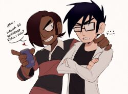 ... 2boys black_eyeliner black_eyes black_hair black_shirt brown_hair can collared_shirt commentary crossed_arms dark-skinned_male dark_skin english_commentary existenc3 eyeliner fingernails flirting frown furrowed_brow gideon_graves glasses hair_over_one_eye hand_on_another&#039;s_shoulder heart holding holding_can holding_soda_can jacket long_fingernails makeup male_focus matthew_patel multiple_boys opaque_glasses rectangular_eyewear scott_pilgrim_(series) scott_pilgrim_takes_off shirt short_hair smile speech_bubble spoken_ellipsis standing striped_clothes striped_shirt teeth white_background white_jacket yaoi