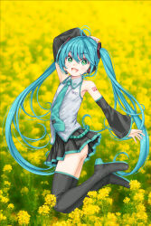 +_+ 1girl aqua_hair ass boots commentary detached_sleeves fang field flat_chest flower flower_field focke_wulf full_body green_eyes hatsune_miku highres jumping long_hair looking_at_viewer necktie open_mouth panties pantyshot skirt smile solo thigh_boots twintails underwear very_long_hair vocaloid white_panties