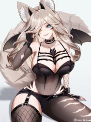 1girl absurdres animal_ears artist_name bare_shoulders bat_wings black_gloves black_horns black_leotard black_nails black_shorts black_thighhighs black_wings blonde_hair blue_eyes breasts cleavage collarbone commentary commission elbow_gloves english_commentary facial_mark fingerless_gloves fluffy fox_ears fox_girl fox_tail gloves hand_up haori903 heterochromia highres horns indie_virtual_youtuber large_breasts leotard long_hair looking_at_viewer micro_shorts navel parted_bangs parted_lips see-through_clothes see-through_leotard shorts simple_background single_elbow_glove single_fishnet_armwear single_fishnet_legwear sitting skeletay skull_ornament smile solo spiked_wristband tail thighhighs torn_clothes torn_gloves torn_thighhighs twitter_username vgen_commission virtual_youtuber whisker_markings white_background wings wristband yellow_eyes