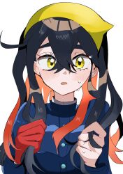 1girl black_hair blue_jacket carmine_(pokemon) colored_inner_hair crossed_bangs eyelashes gloves hair_between_eyes hairband highres holding holding_own_hair jacket long_hair long_sleeves looking_at_viewer multicolored_hair nintendo open_mouth piyo_(toripoke710) pokemon pokemon_sv red_gloves red_hair single_glove solo sweat two-tone_hair upper_body white_background yellow_eyes yellow_hairband