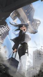 Rule 34 | 1girl, ahoge, aircraft, banknote, belt, black belt, black hair, breasts, building, commentary, dollar bill, earpiece, earrings, english commentary, from below, goddess of victory: nikke, high-waist skirt, highres, irorong, jacket, jewelry, large breasts, money, multiple rings, open mouth, outdoors, pantyhose, pointing, pointing up, red eyes, ring, rolling suitcase, shirt, shirt tucked in, skirt, sky, sora (nikke), suitcase, twintails, white pantyhose, white shirt