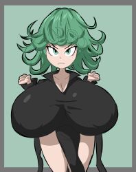 Rule 34 | 1girl, alternate breast size, black dress, black outline, border, breasts, cleavage, clenched hands, closed mouth, collarbone, covered erect nipples, dress, gigantic breasts, green background, green eyes, green hair, grey border, huge breasts, one-punch man, outline, short hair, shortstack, simple background, tatsumaki, teeth, thick outlines, thighs, yelladrill
