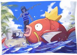 1boy absurdres black_hair black_headwear blurry border building capri_pants cloud commentary_request creatures_(company) day elio_(pokemon) fish game_freak gen_1_pokemon gen_7_pokemon hat highres holding litten magikarp male_focus medium_hair mugiccha2 nintendo outdoors pants pokemon pokemon_(creature) pokemon_sm sand shirt shore short_sleeves sky standing striped_clothes striped_shirt t-shirt twitter_username water watermark white_border