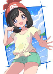 1girl :d absurdres beanie black_hair cloud commentary_request eyelashes green_shorts grey_eyes hand_up happy hat highres looking_at_viewer medium_hair nintendo open_mouth pokemon pokemon_sm red_hat rono_(lethys) selene_(pokemon) shirt short_sleeves shorts sky smile solo spread_fingers tied_shirt water water_drop yellow_shirt