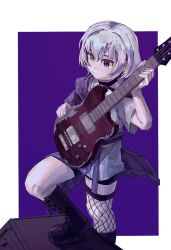 Rule 34 | bang dream!, bang dream! it&#039;s mygo!!!!!, belt, black shorts, blue eyes, boots, electric guitar, esp guitars, gnns4357, guitar, guitar strap, heterochromia, holding, instrument, kaname raana, medium hair, mygo!!!!! (bang dream!), official alternate costume, shorts, simple background, strap, white hair, yellow eyes